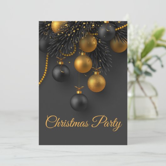 Schwarze und goldene Weihnachtsbälle Eleganter Url Einladung (Stehend Vorderseite)