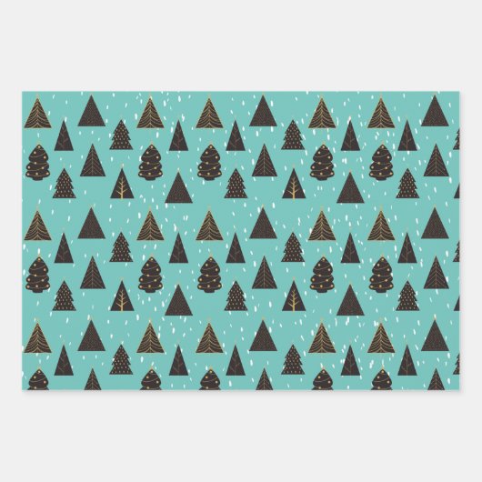 Schwarze und goldene Weihnachtsbäume, Schnee Geschenkpapier Set (Vorderseite 3)