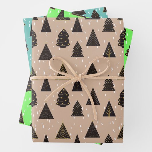 Schwarze und goldene Weihnachtsbäume, Schnee Geschenkpapier Set (Beispiel)