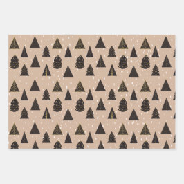 Schwarze und goldene Weihnachtsbäume, Schnee Geschenkpapier Set