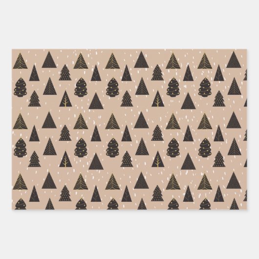 Schwarze und goldene Weihnachtsbäume, Schnee Geschenkpapier Set (Vorderseite)
