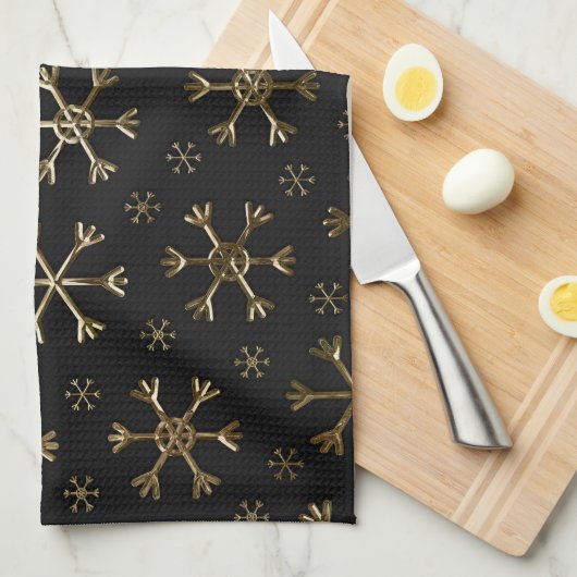 Schwarze und goldene Weihnachtsschneeflocken Geschirrtuch (Viertel Falte)