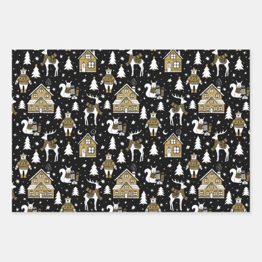 Schwarze und goldene Weihnachtstiere Muster Geschenkpapier Set (Vorderseite 2)