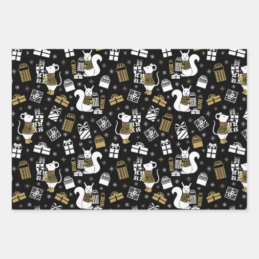 Schwarze und goldene Weihnachtstiere Muster Geschenkpapier Set (Vorderseite)