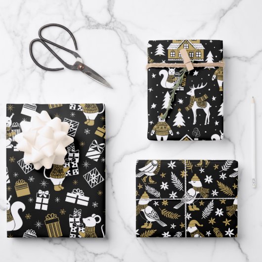 Schwarze und goldene Weihnachtstiere Muster Geschenkpapier Set (Vorderseite)