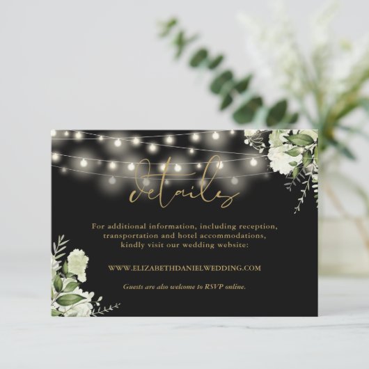 Schwarze und goldgrüne Lichter Hochzeitsdetails Begleitkarte (Stehend Vorderseite)