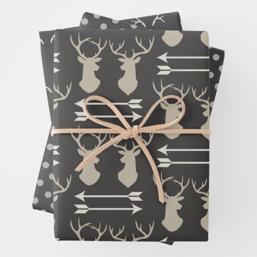 Schwarze und graue Hirschköpfe und Geweihe Geschenkpapier Set (Beispiel)