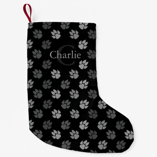 Schwarze und graue Hundepaws mit Monogramm und Nam Kleiner Weihnachtsstrumpf (Vorderseite)
