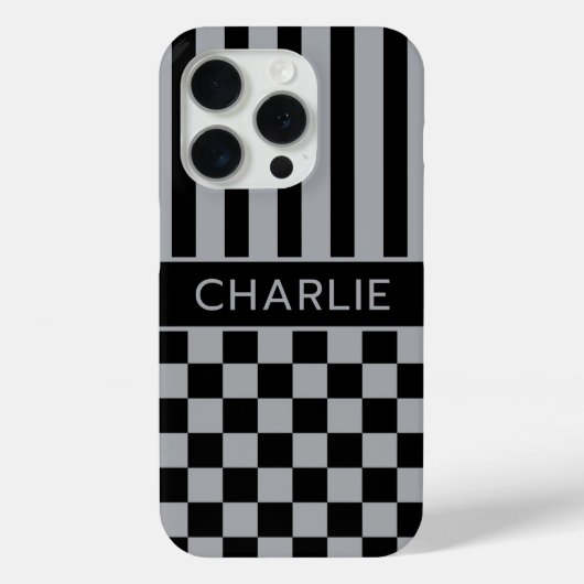 Schwarze und graue karierte gestreifte Personalisi Case-Mate iPhone Hülle (Rückseite)