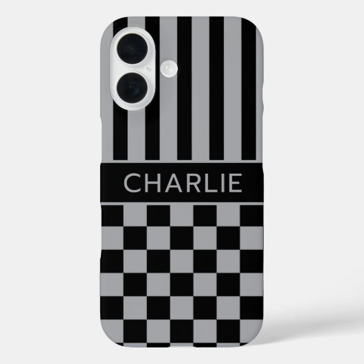 Schwarze und graue karierte gestreifte Personalisi Case-Mate iPhone Hülle (Rückseite)