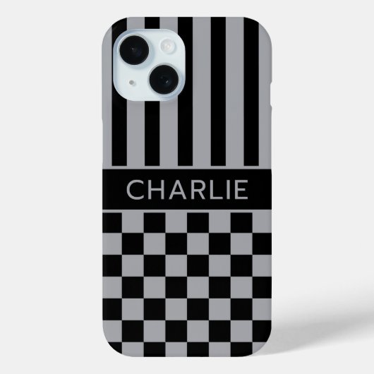 Schwarze und graue karierte gestreifte Personalisi Case-Mate iPhone Hülle (Rückseite)