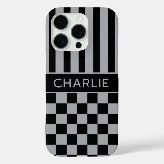 Schwarze und graue karierte gestreifte Personalisi Case-Mate iPhone Hülle (Rückseite)