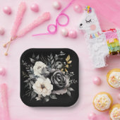 Schwarze und graue Rose und Gold-Blätter Pappteller (Party)