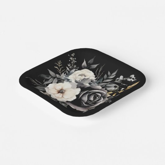 Schwarze und graue Rose und Gold-Blätter Pappteller (Gewinkelt)