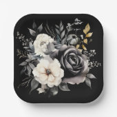 Schwarze und graue Rose und Gold-Blätter Pappteller (Vorderseite)