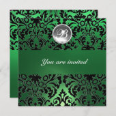 SCHWARZE UND GRÜNE DAMASK GEM STEIN MONOGRAMM, wei Einladung (Vorne/Hinten)