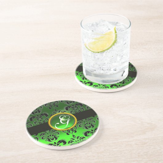 SCHWARZE UND GRÜNE DAMASK-Smaragdmonogramm Sandstein Untersetzer (Seite)