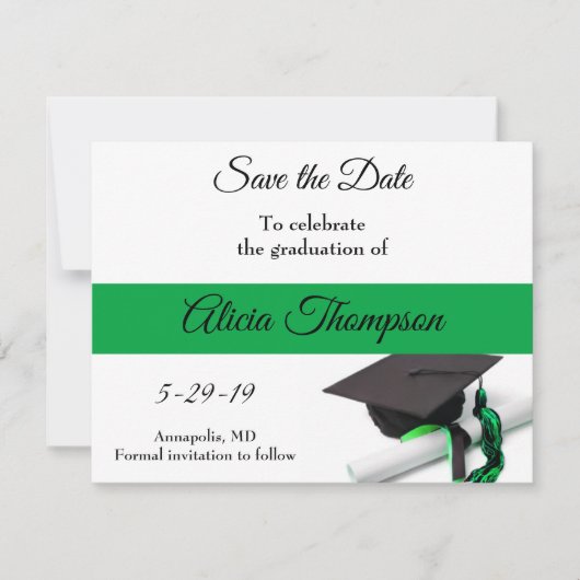 Schwarze und grüne Graduierungskappe und Tassel Save The Date (Vorderseite)