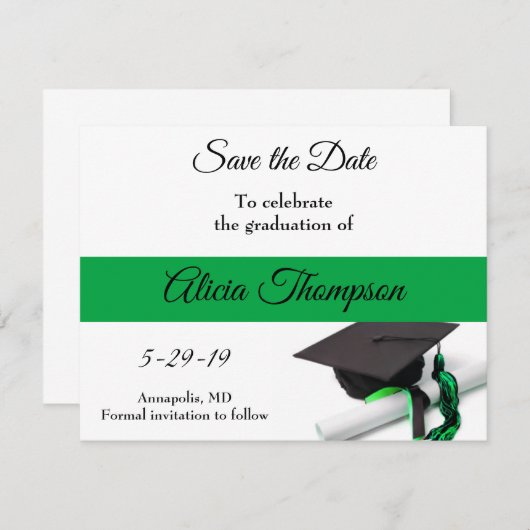 Schwarze und grüne Graduierungskappe und Tassel Save The Date (Vorne/Hinten)