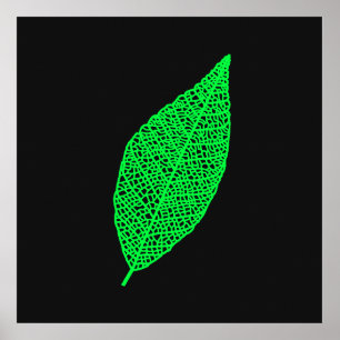 Schwarze und grüne Skelettblatt-Linienkunst Poster