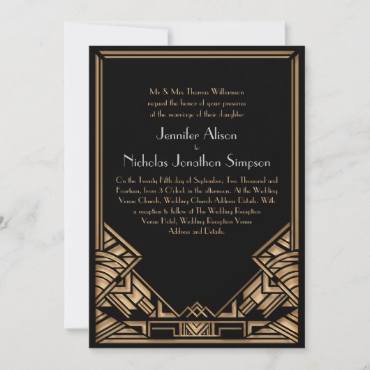 Schwarze und Imitate Gold Art Deco Gatsby Style Ho Einladung (Vorderseite)