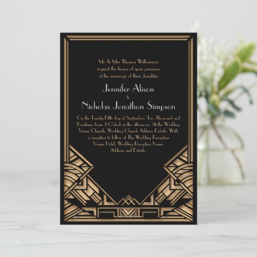 Schwarze und Imitate Gold Art Deco Gatsby Style Ho Einladung (Stehend Vorderseite)