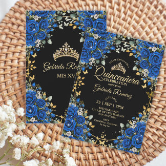 Schwarze und königsblaue Rosen Golden Quinceañera Einladung