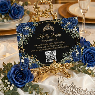 Schwarze und königsblaue Rosen Golden Quinceañera RSVP Karte