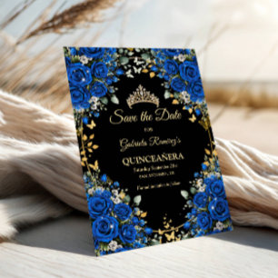 Schwarze und königsblaue Rosen Golden Quinceañera  Save The Date