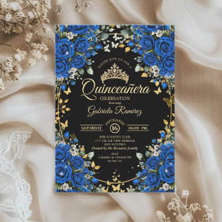 Schwarze und königsblaue Rosen Goldene Quinceañera Einladung