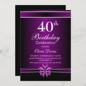 Schwarze und Lila 40. Geburtstagsfeier Einladung (Vorne/Hinten)