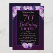 Schwarze und Lila Blumen 70. Geburtstag Abendessen Einladung (Vorne/Hinten)