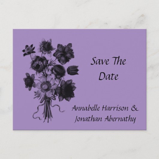 Schwarze und Lila Blüten Save the Date Ankündigungspostkarte (Vorderseite)
