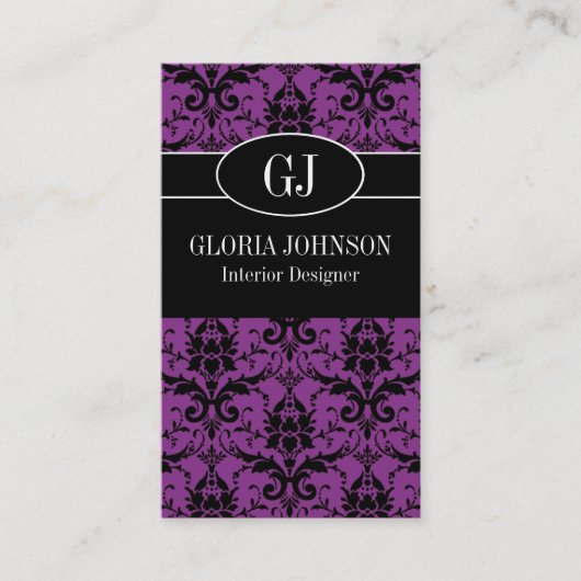 Schwarze und lila Damast-Monogramm-Geschäfts-Karte Visitenkarte (Vorderseite)