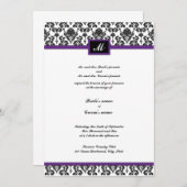 Schwarze und lila Damast-Monogramm-Hochzeit laden Einladung (Vorne/Hinten)