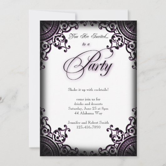 Schwarze und Lila Gothic Scroll Party Einladung (Vorderseite)