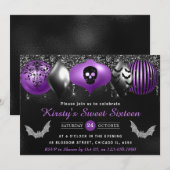 Schwarze und Lila Halloween-Ornamente 16 . Geburts Einladung (Vorne/Hinten)
