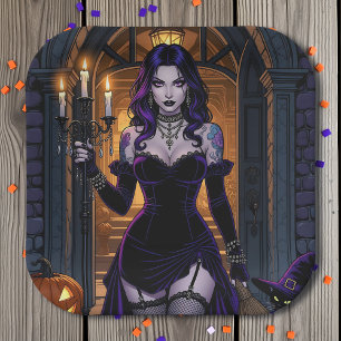 Schwarze und Lila Hexe mit Candelabra Halloween Pappteller