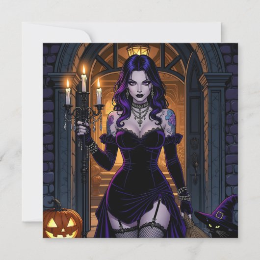 Schwarze und Lila Hexe | Wicktes Halloween-Party Einladung (Vorderseite)