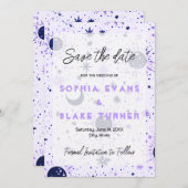 Schwarze und Lila Himmelshochzeit retten das Datum Einladung (Vorne/Hinten)