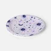 Schwarze und Lila Himmelssonnenmoonsterne Pappteller (Schrägansicht)