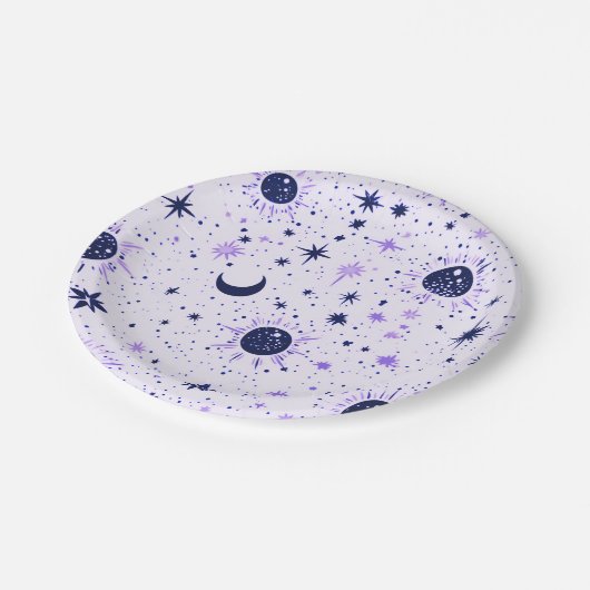Schwarze und Lila Himmelssonnenmoonsterne Pappteller (Schrägansicht)