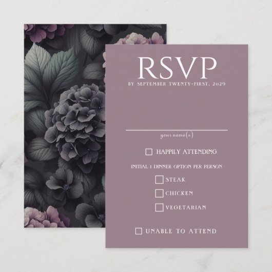 Schwarze und Lila Moody-Floral RSVP Karte (Vorne/Hinten)