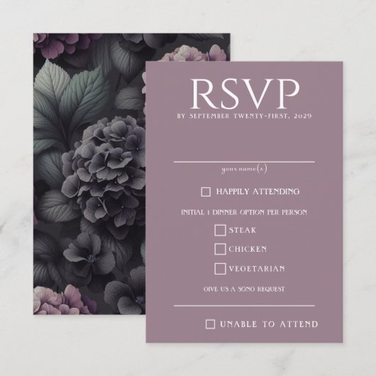 Schwarze und Lila Moody-Floral RSVP Karte (Vorne/Hinten)
