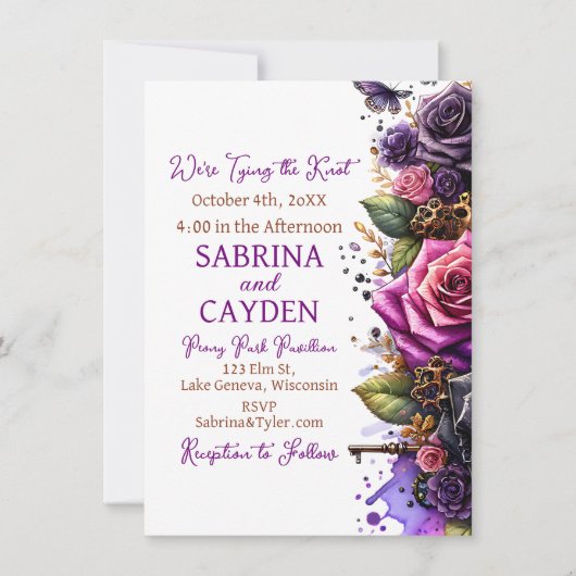 Schwarze und Lila Rose Steampunk Gothic Wedding Einladung (Vorderseite)