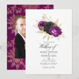 Schwarze und Lila Vintage Blumenhochzeit Einladung