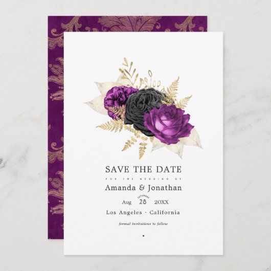 Schwarze und Lila Vintage Blumenhochzeit Save The Date (Vorne/Hinten)