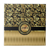 Schwarze und metallische goldene Blumendanzüge Fliese (Vorderseite)