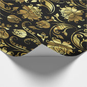 Schwarze und metallische goldene Floral-Damasken Geschenkpapier (Ecke)