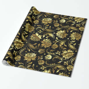 Schwarze und metallische goldene Floral-Damasken Geschenkpapier